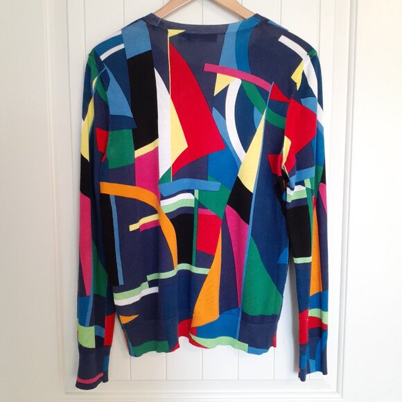 LRL Geometric Multi-Color Crewneck Sweater Cotton Viscose Blue Green Red Size L - Picture 2 of 12